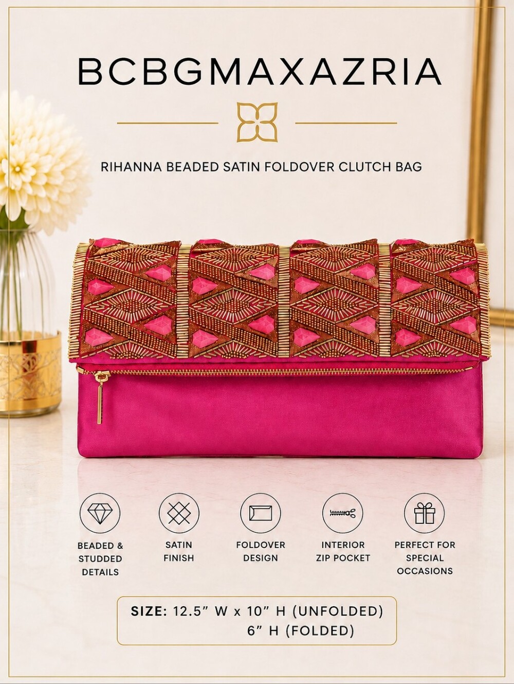 💖 BCBGMAXAZRIA Rihanna Beaded Satin Foldover Clutch Bag – Magenta Pink